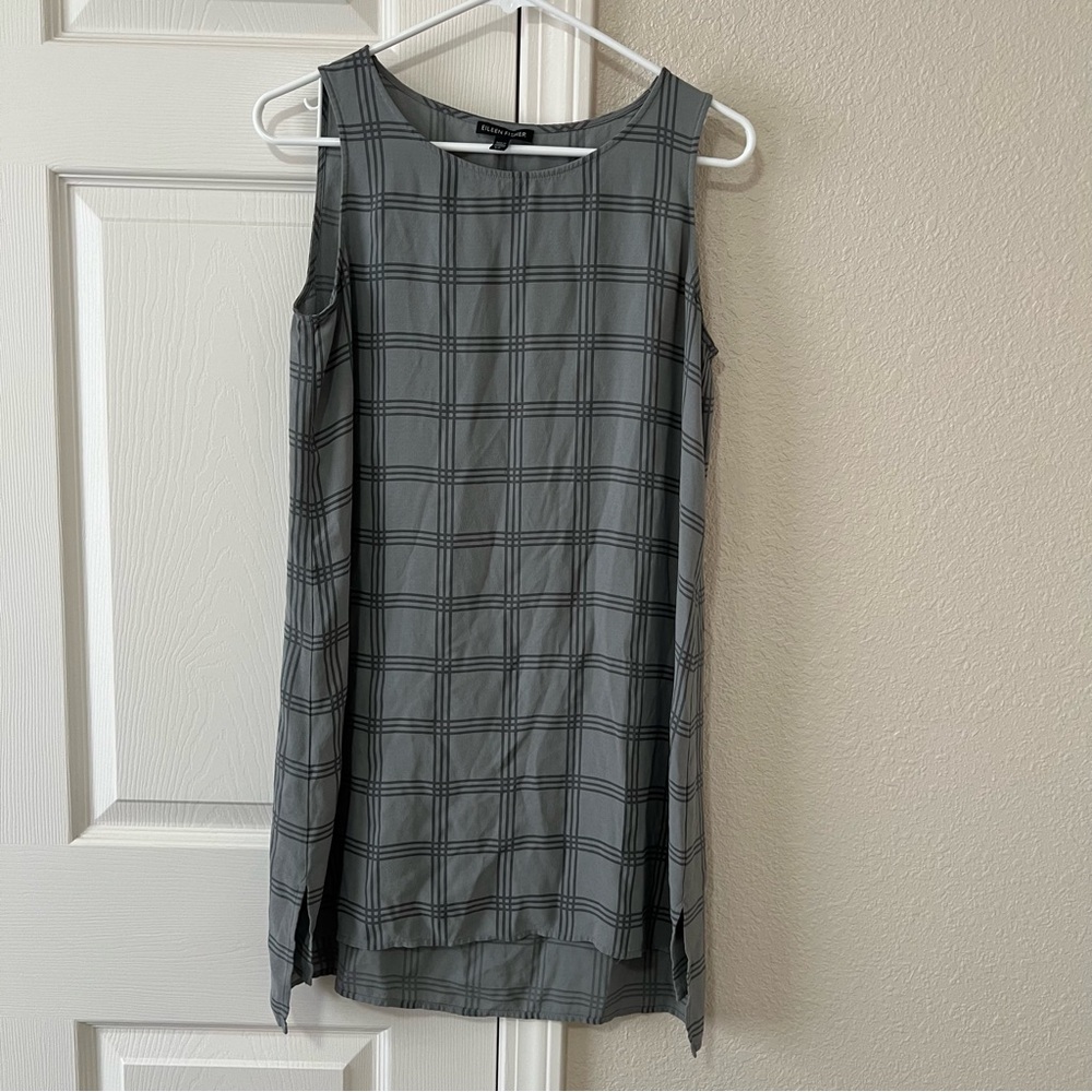 Eileen Fisher Ash Plaid Silk Georgette Crepe Scoop Neck Tunic Size Small